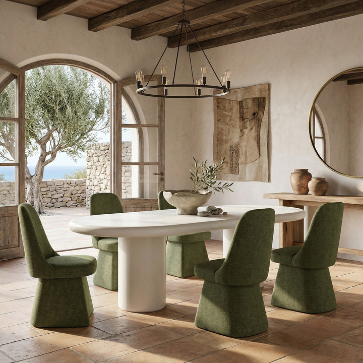 Moss green Coolum dining chair with sleek modern design, featuring a curved backrest and wooden legs for stylish dining room decor.