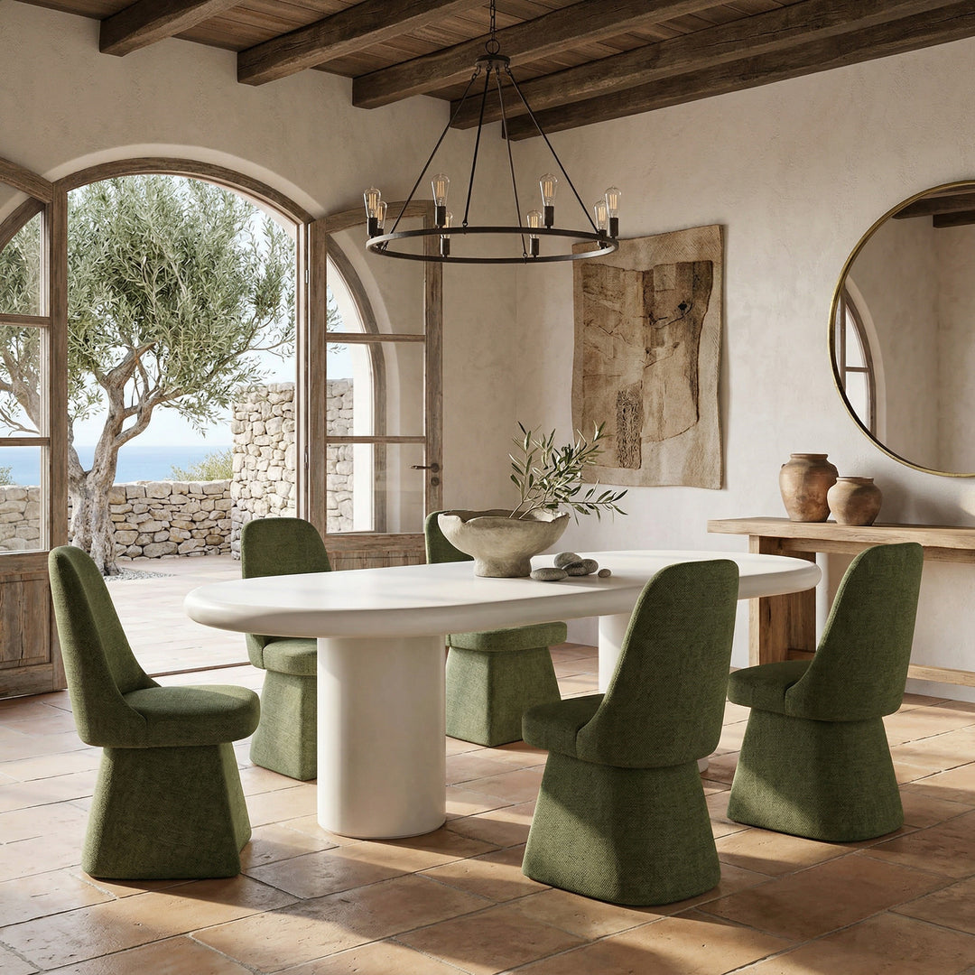 Moss green Cronulla 2m dining table with matching chairs, modern wooden design for contemporary dining rooms.