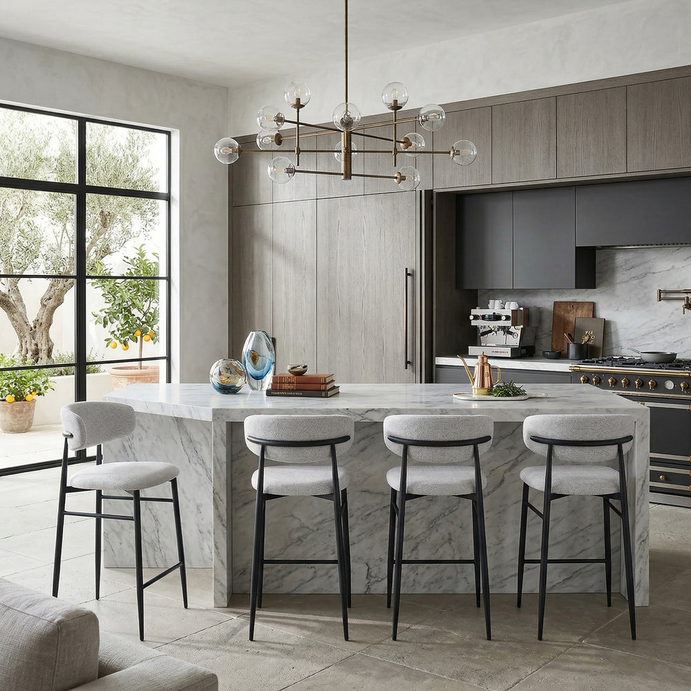 Modern beige Valentina bar stool with sleek design and wooden legs, ideal for contemporary kitchen or bar area.