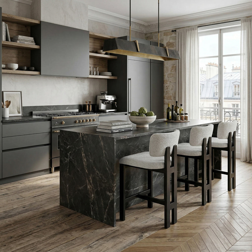 Modern Italian-style beige textured Modenese bar stool with sleek design, featuring a sturdy base and comfortable seating.