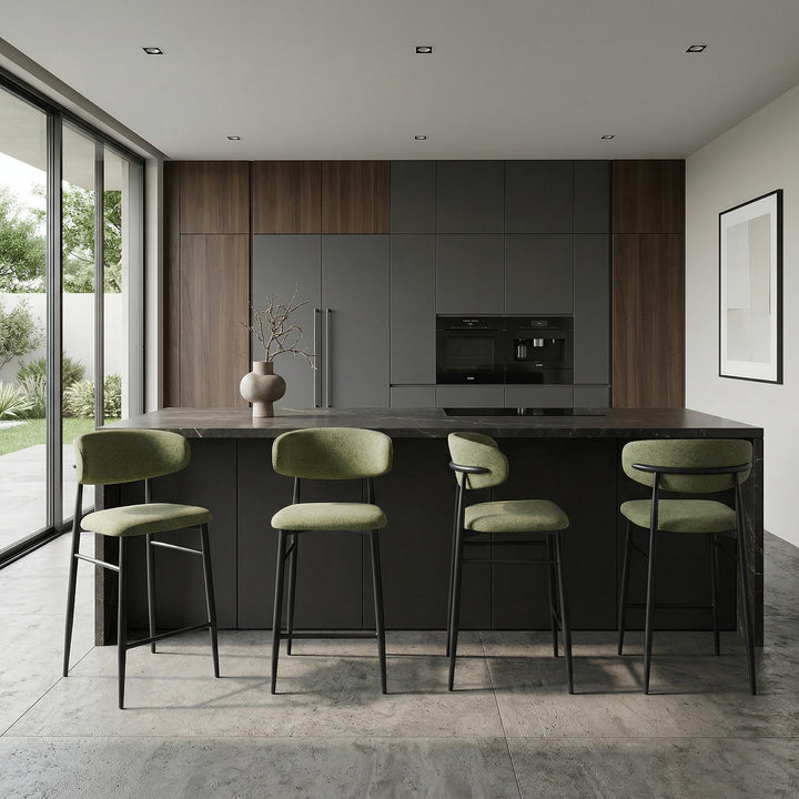 Mint Valentina Bar Stool in a modern kitchen setting with sleek design and metal legs, showcasing contemporary style and comfort.
