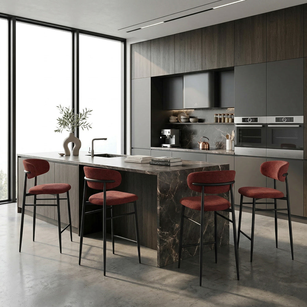 Modern kitchen with two plum Valentina bar stools featuring sleek design and wooden legs, perfect for contemporary home bar areas.