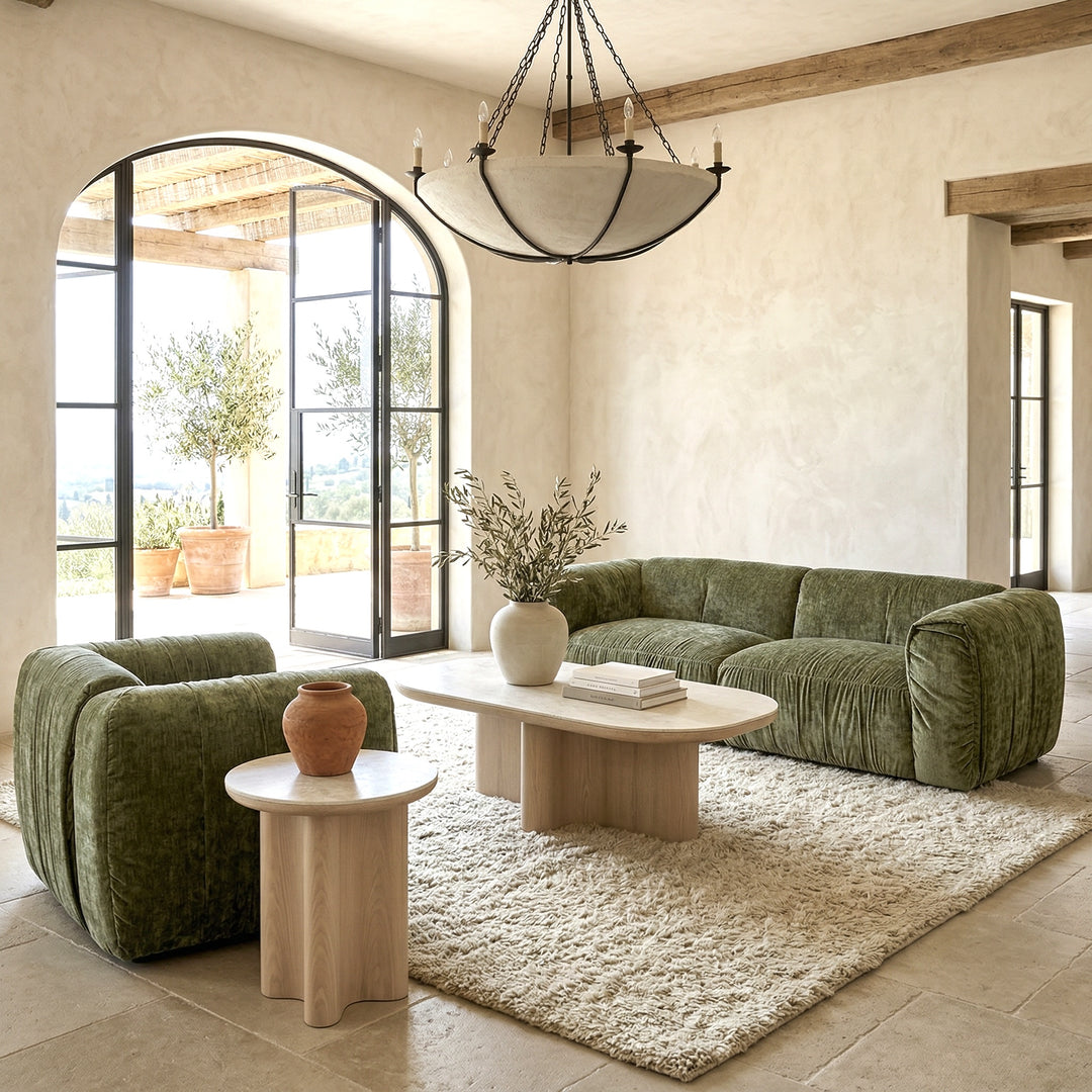 Two-seater Aurora sofa in neutral fabric, showcasing plush cushions and modern design, paired with a matching chair.