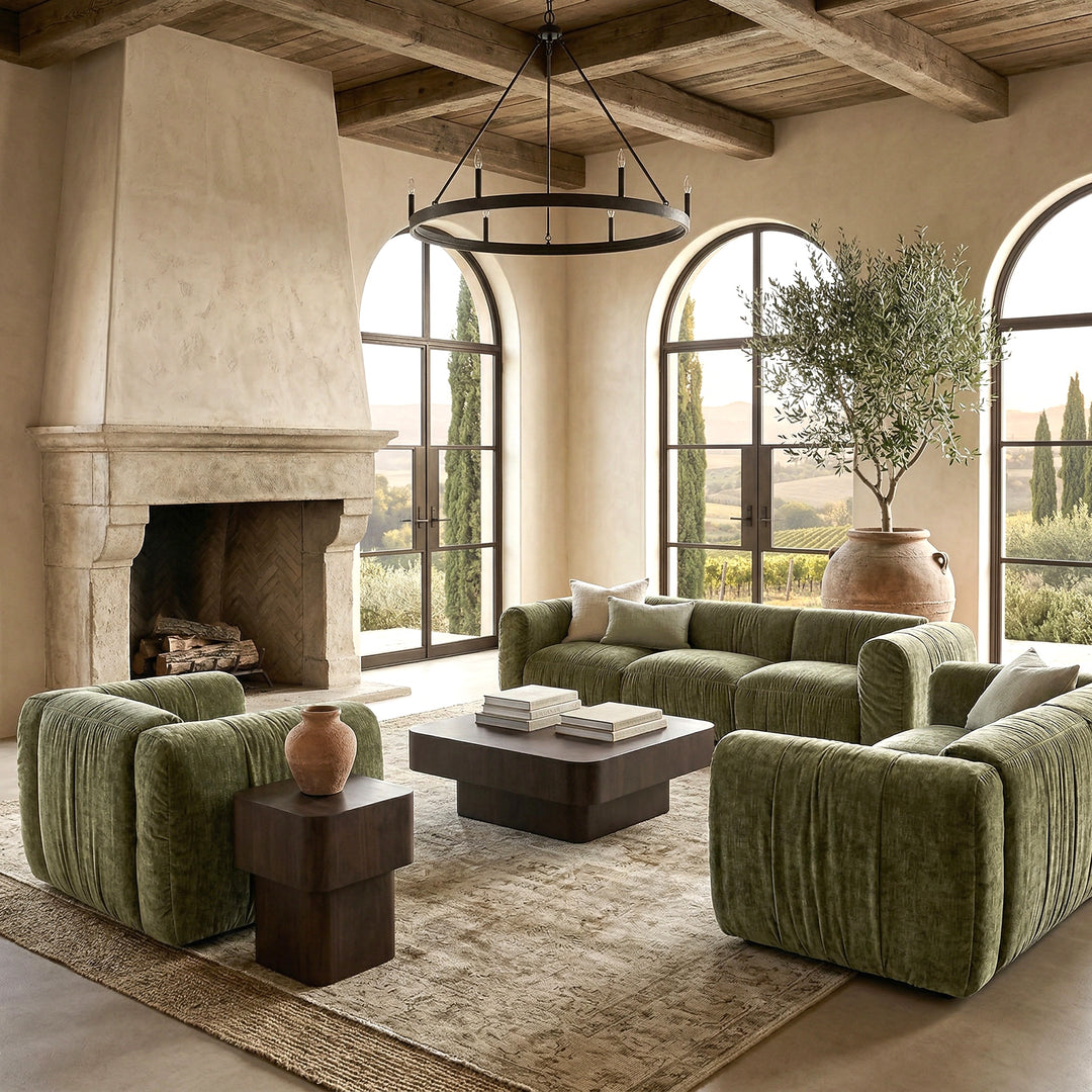 Two-seater Aurora sofa in neutral fabric, featuring a sleek modern design with plush cushions and wooden legs.