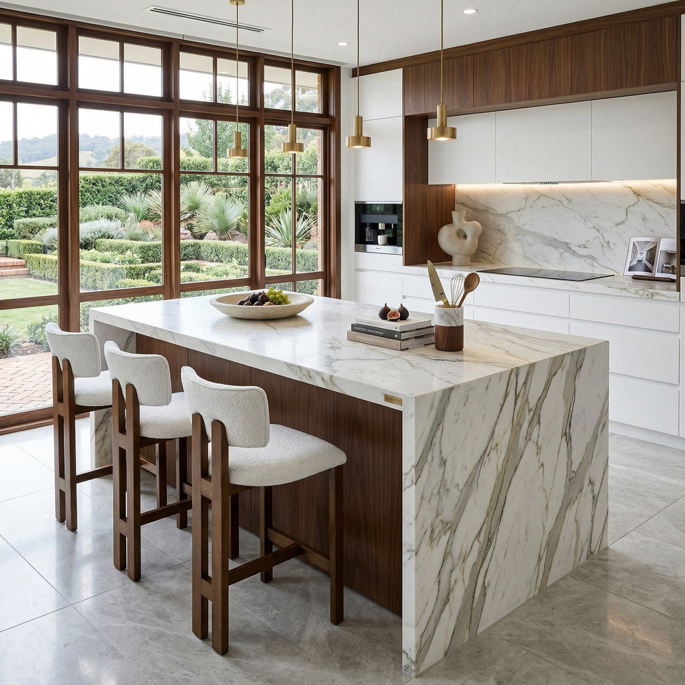 Textured beige Milanese bar stool with walnut wood frame, showcasing a comfortable seat and stylish design for modern kitchens.