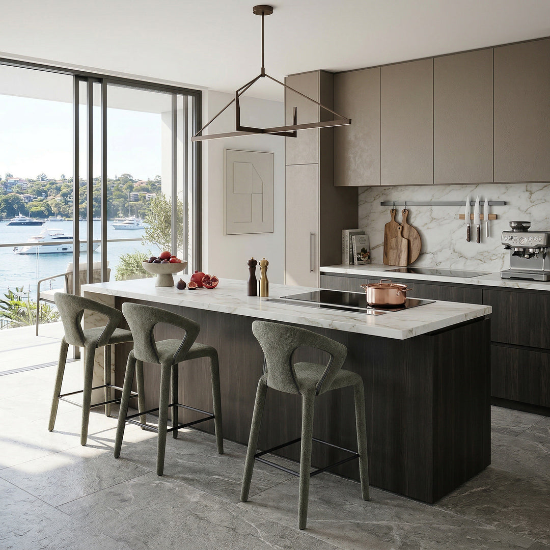Fern green profile bar stool with modern design, featuring a sleek seat and sturdy legs, perfect for contemporary kitchen spaces.