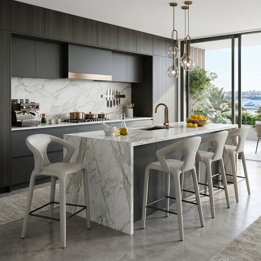 Modern light grey and beige leather-look profile bar stool with sleek design, ideal for contemporary kitchen or bar areas.