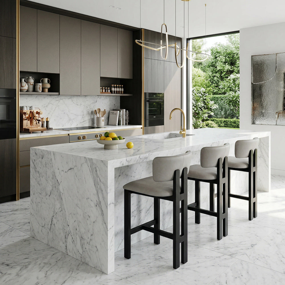 Modern Modenese bar stool with mushroom leather upholstery and sleek metal base, ideal for contemporary kitchen or bar areas.