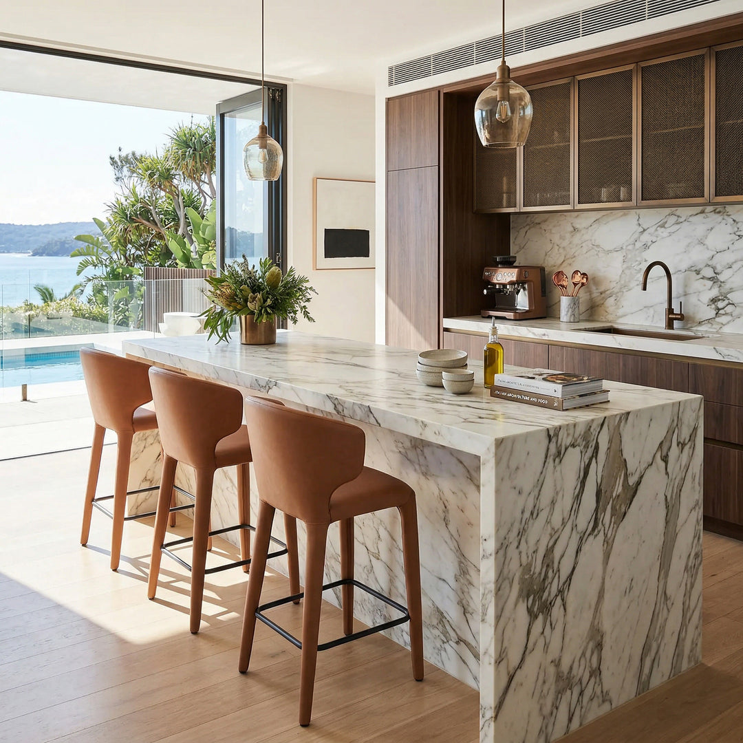 Modern Romano tan leather look bar stool with sleek design, featuring a cushioned seat and sturdy metal base for contemporary kitchens.