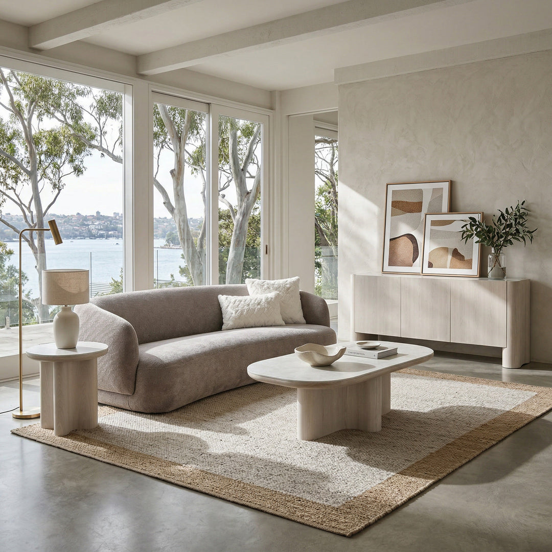 Whitewashed Palisades Side Table with a minimalist design, featuring a smooth surface and sturdy legs for living room or bedroom use.