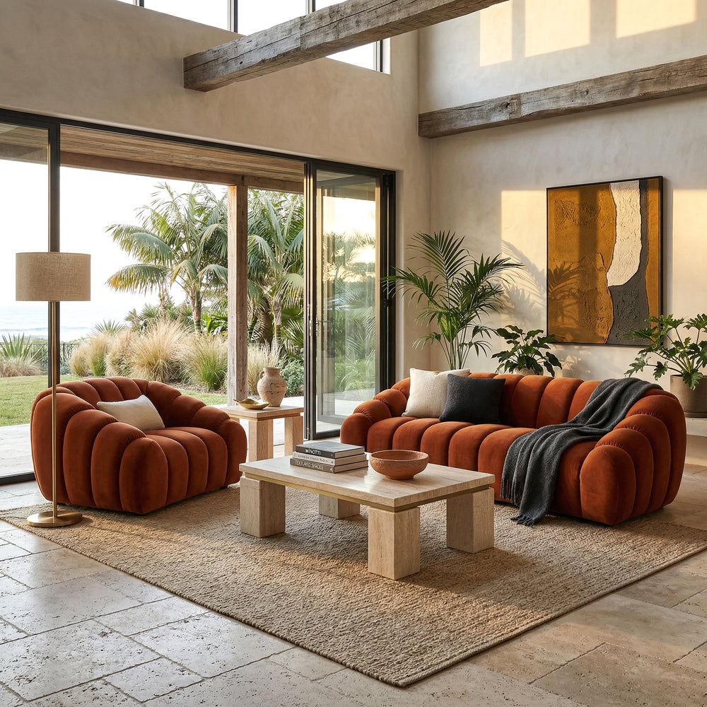 Nico 1 Seater sofa in neutral fabric, shown with a 3-seater sofa and armchair in a modern living room setting.