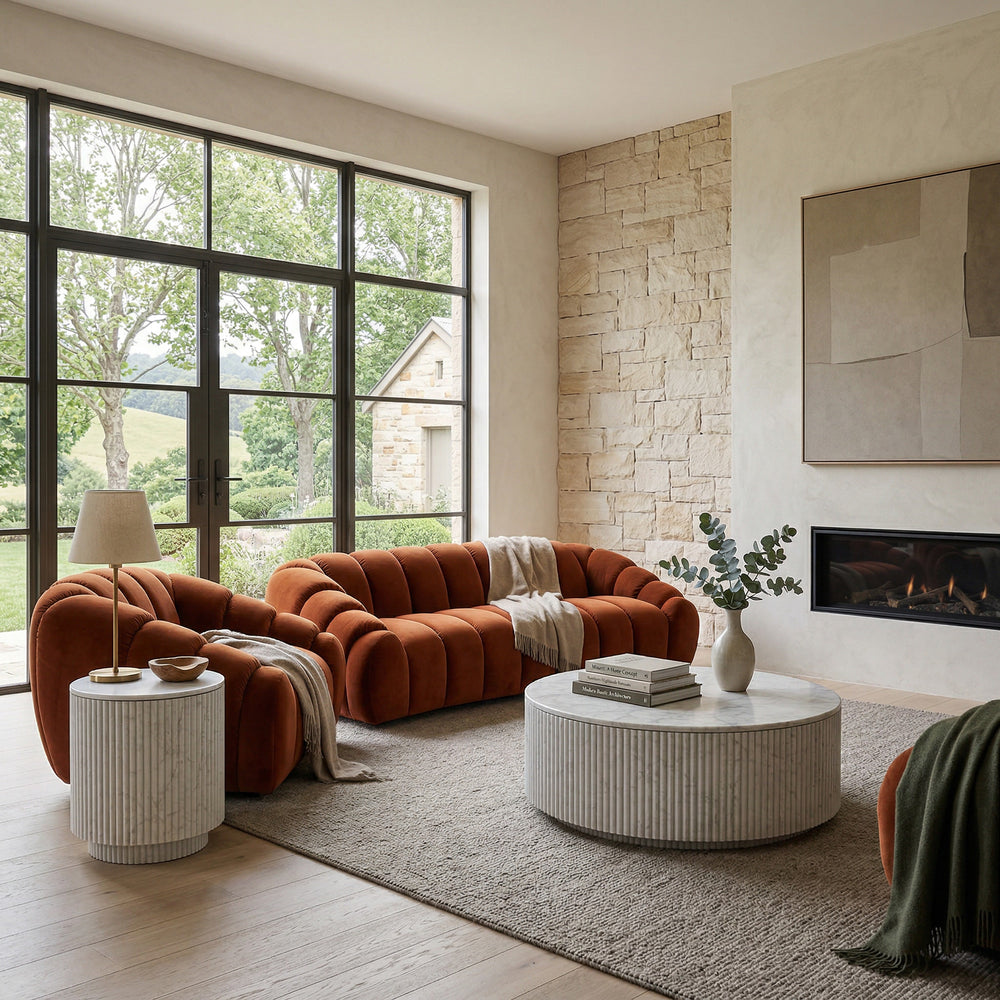 Nico 3-seater sofa in neutral fabric with plush cushions, paired with a matching armchair in a cozy living room setting.