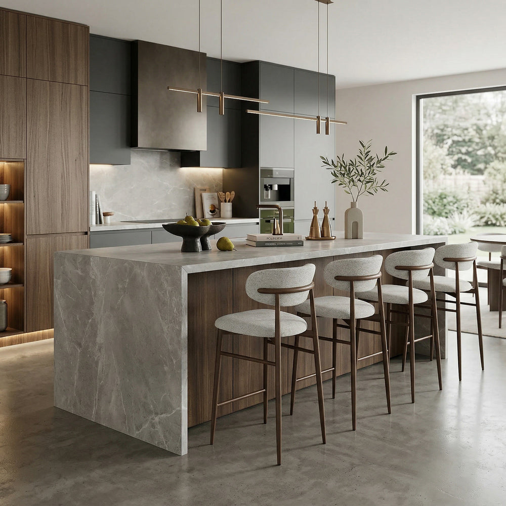 Modern beige Valeria bar stool with walnut legs, featuring a sleek, cushioned seat and stylish design for contemporary kitchens.