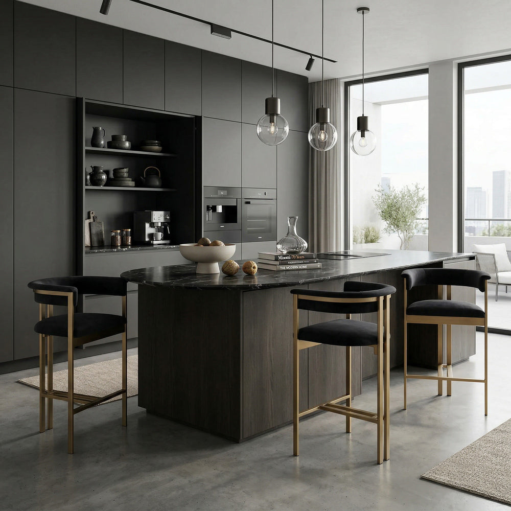 Black velvet Sheikh bar stool with sleek modern design, featuring a round seat and metal legs for contemporary kitchen seating.
