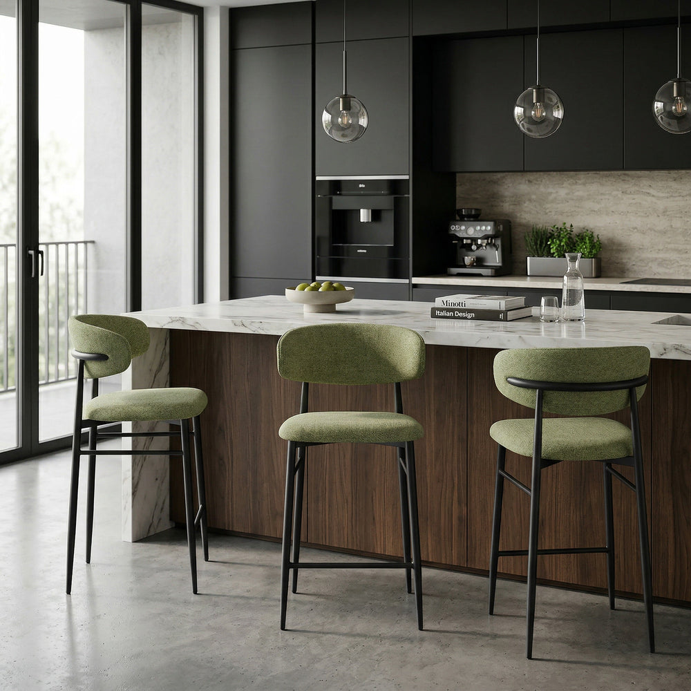 Mint Valentina Bar Stool with sleek design, shown in a modern kitchen setting with a wooden countertop and stylish decor.