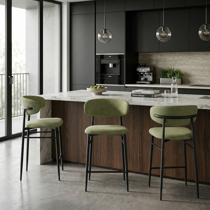 Mint Valentina Bar Stool with sleek design, shown in a kitchen area, featuring a modern style and sturdy metal legs.