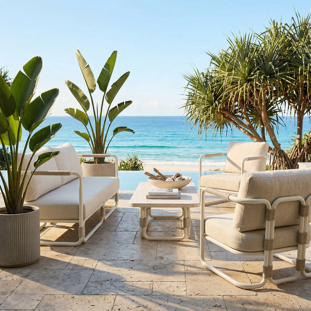 Outdoor arm chair in creme fabric, part of Fiore Occasional Chairs collection, with a modern design suitable for outdoor spaces.