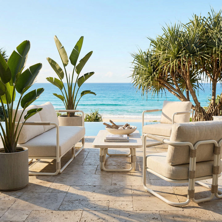 Outdoor arm chair in creme fabric, part of Fiore Occasional Chairs collection, with a modern design suitable for outdoor spaces.