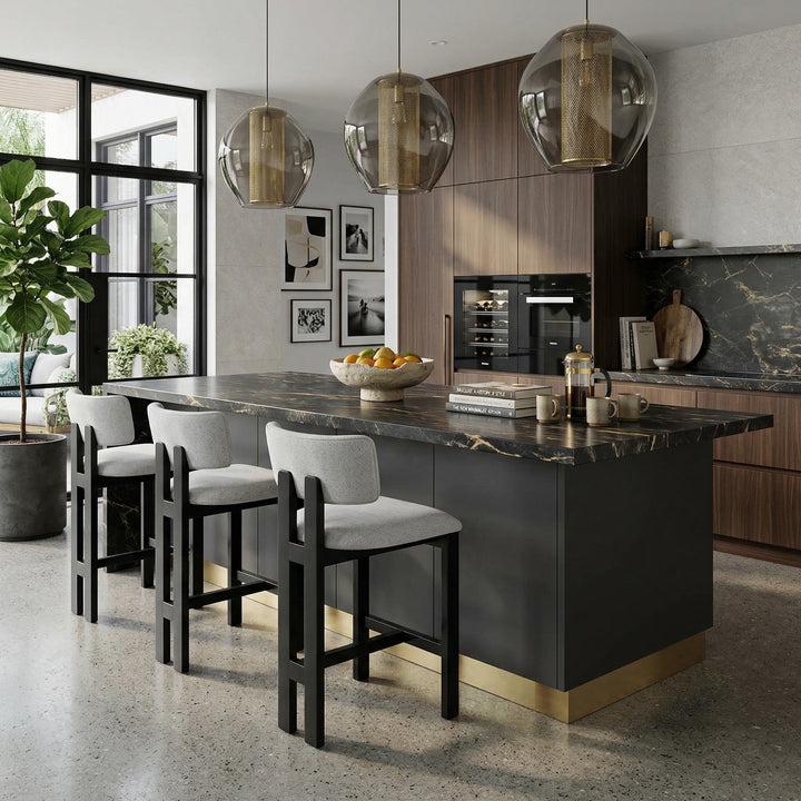 Light grey fabric Modenese bar stool with black wooden legs, showing a modern design ideal for stylish kitchen or bar areas.