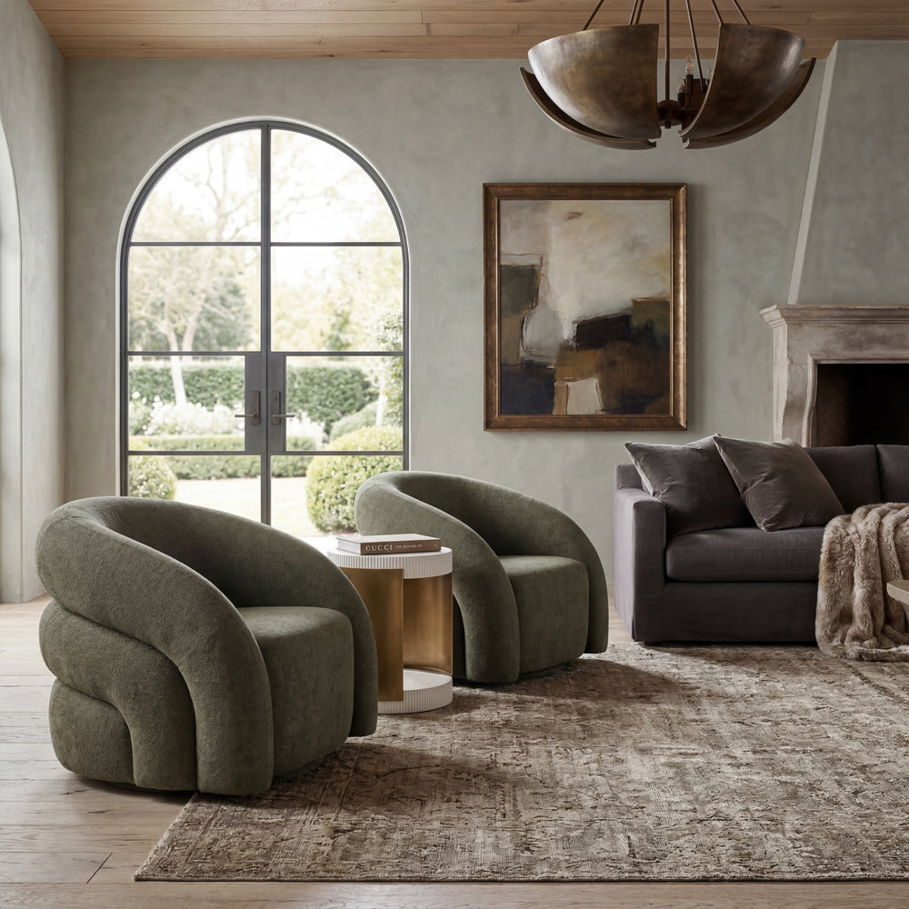 Moss green ventosa swivel chair with rounded back and fabric upholstery, designed for casual and occasional seating.