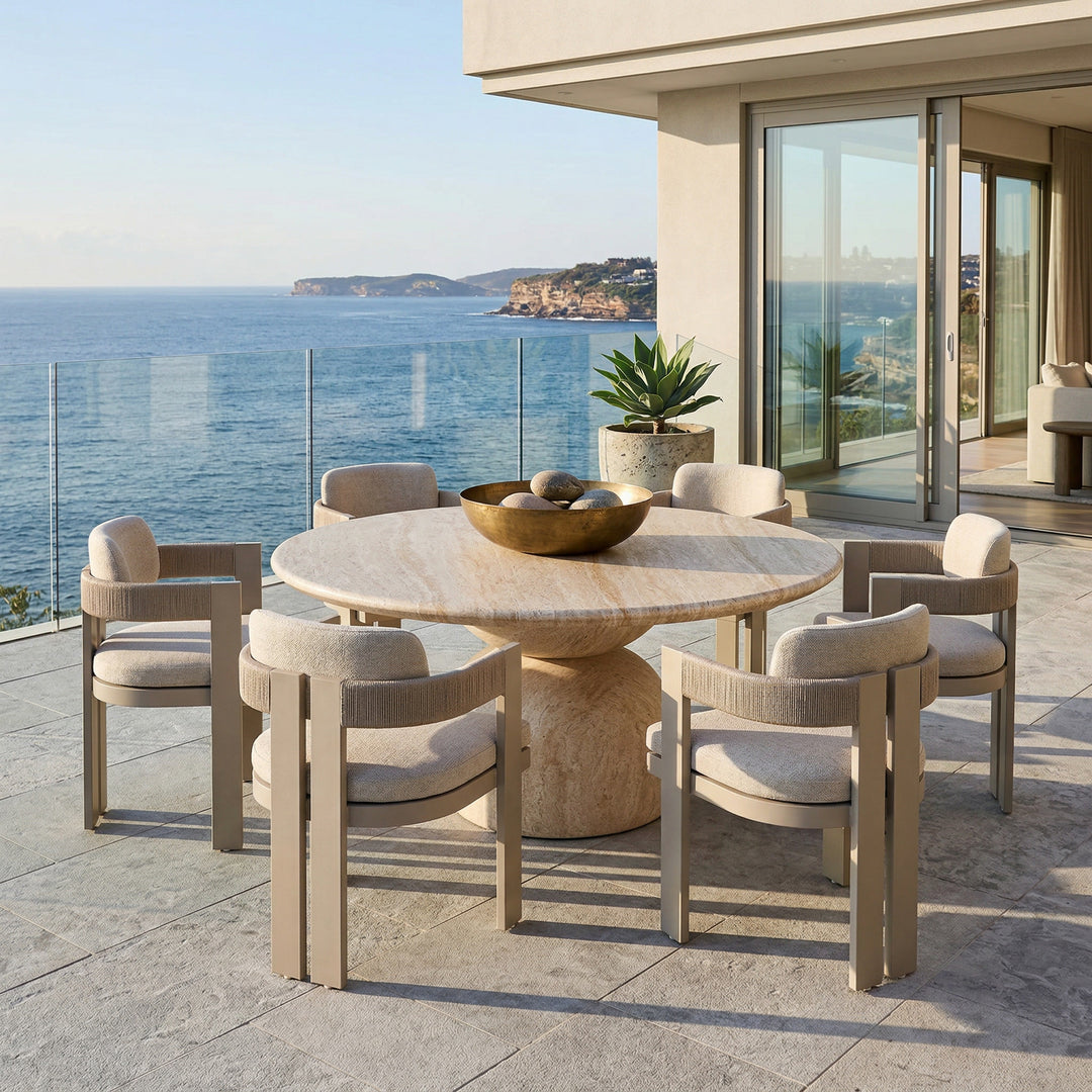 Round Synthia dining table with four chairs, 1.6m size, outdoor setting, featuring modern design and sleek surfaces.