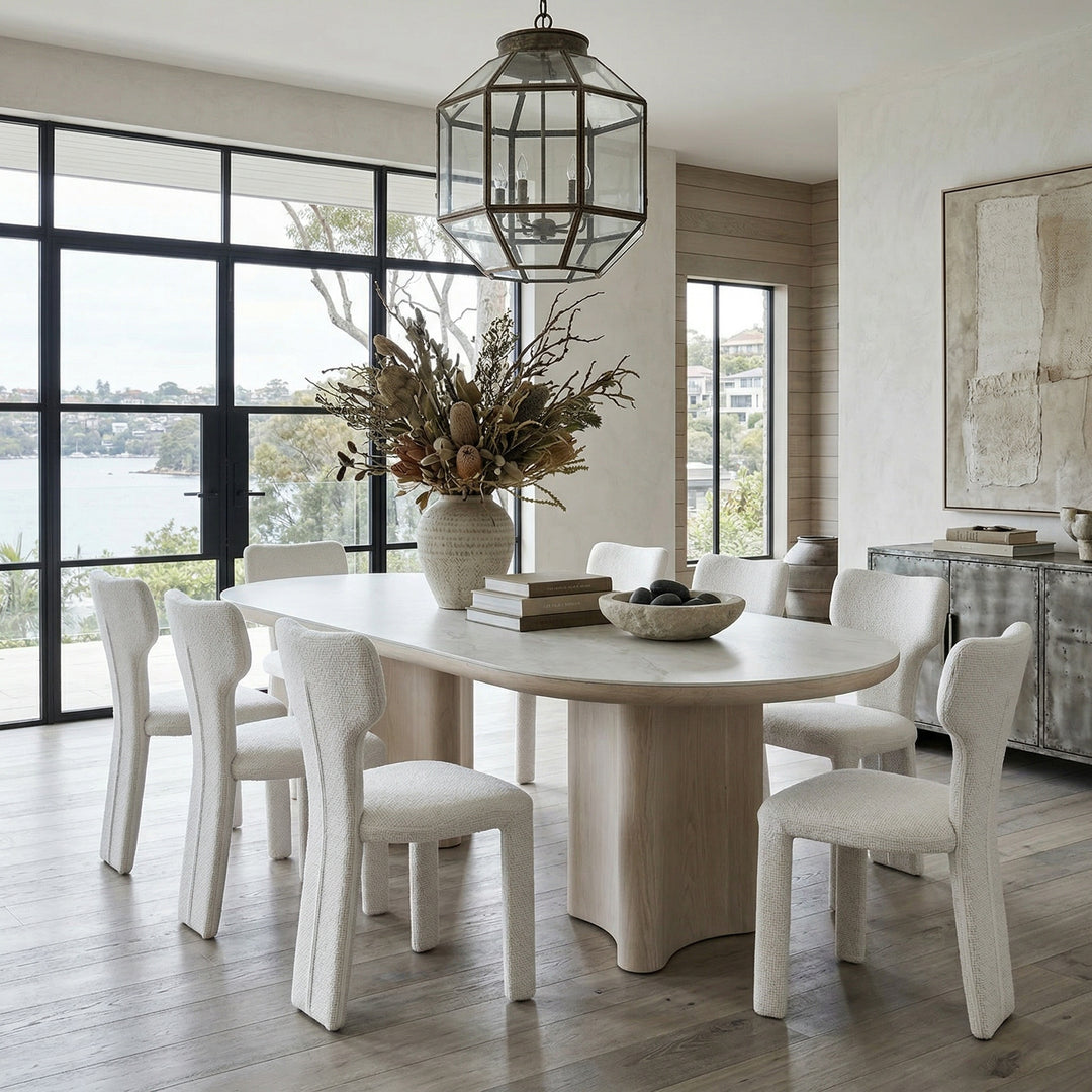 Palisades 2.4m dining table with white wash oak finish and ceramic top, modern design for dining rooms.