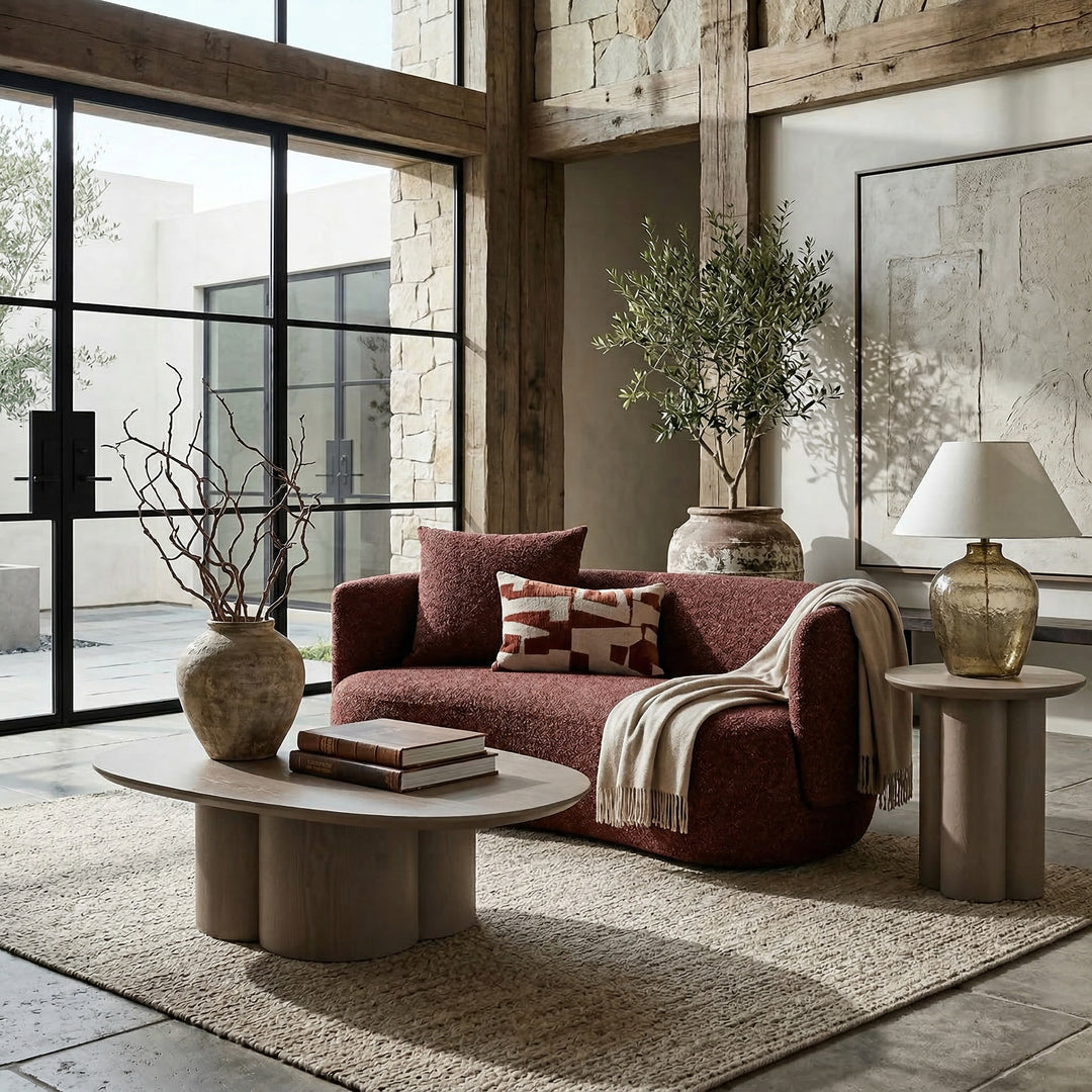 Modern living room with a Rossa 2 Seater sofa in neutral fabric, showcasing its sleek design and comfortable seating.