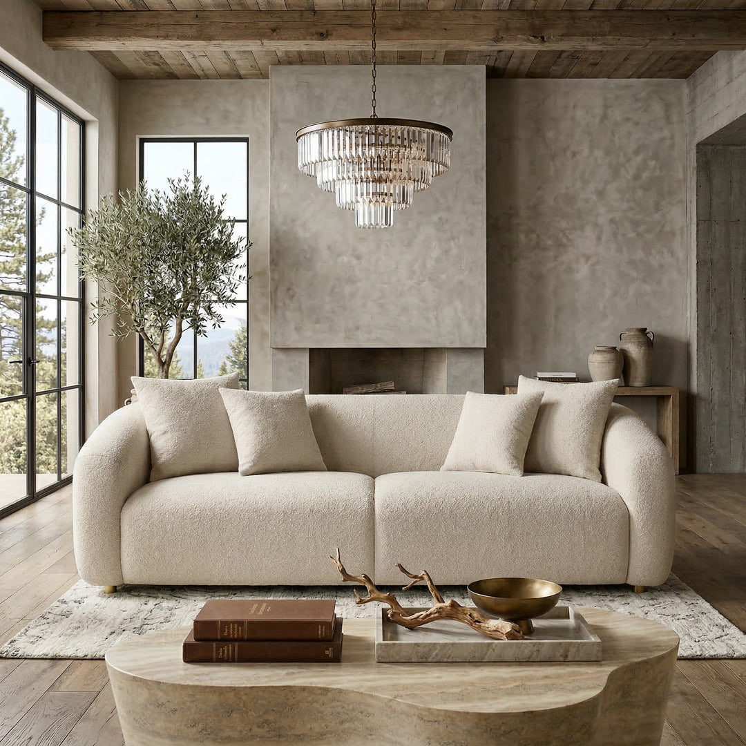 Modern Petra 2 Seater Sofa in neutral fabric, with clean lines and cushioned seats, ideal for contemporary living rooms.