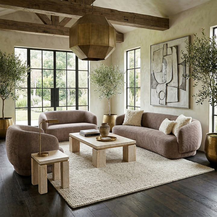 Textured mushroom Puffy Chair and matching 3-seater and 2-seater occasional chairs in same fabric and style.