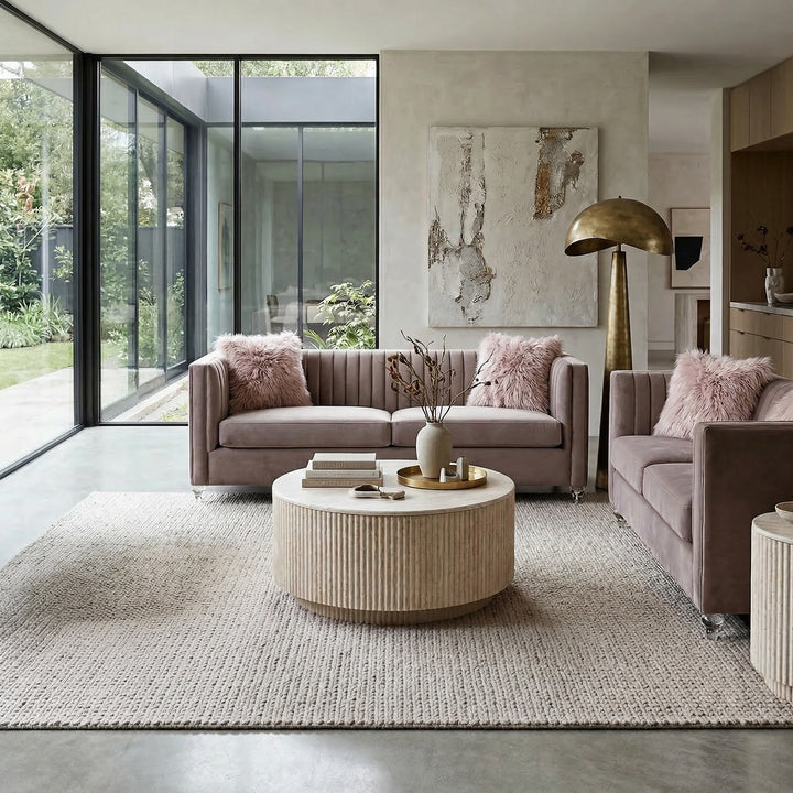 Two-seater sofa in a contemporary design, featuring plush cushions and fabric upholstery for a stylish and comfortable living room addition.