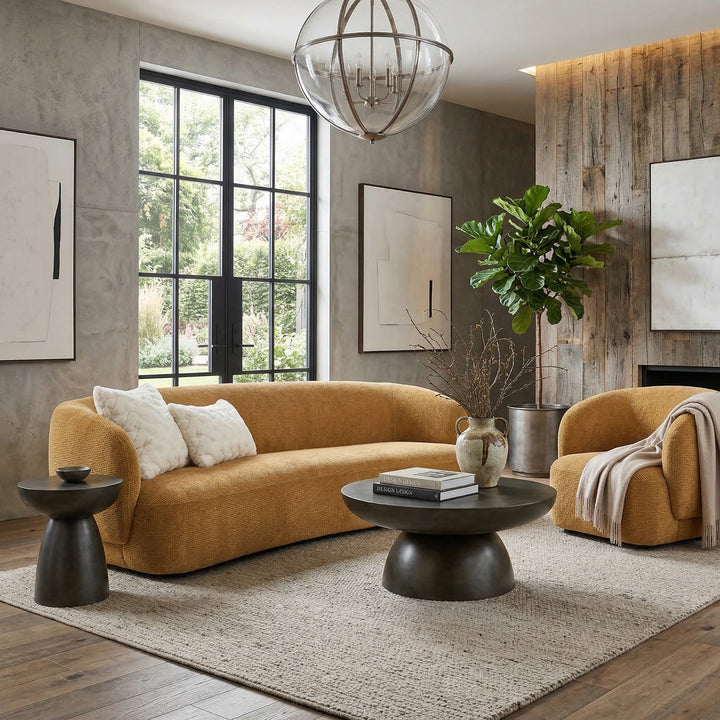 Small Akira coffee table with a sleek design, shown with a matching three-seater sofa and chair in coordinated fabric and style.