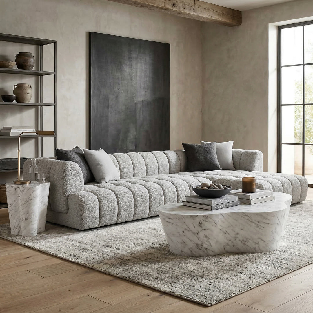 Modern coffee table with a marble finish, designed for a stylish living room setting.