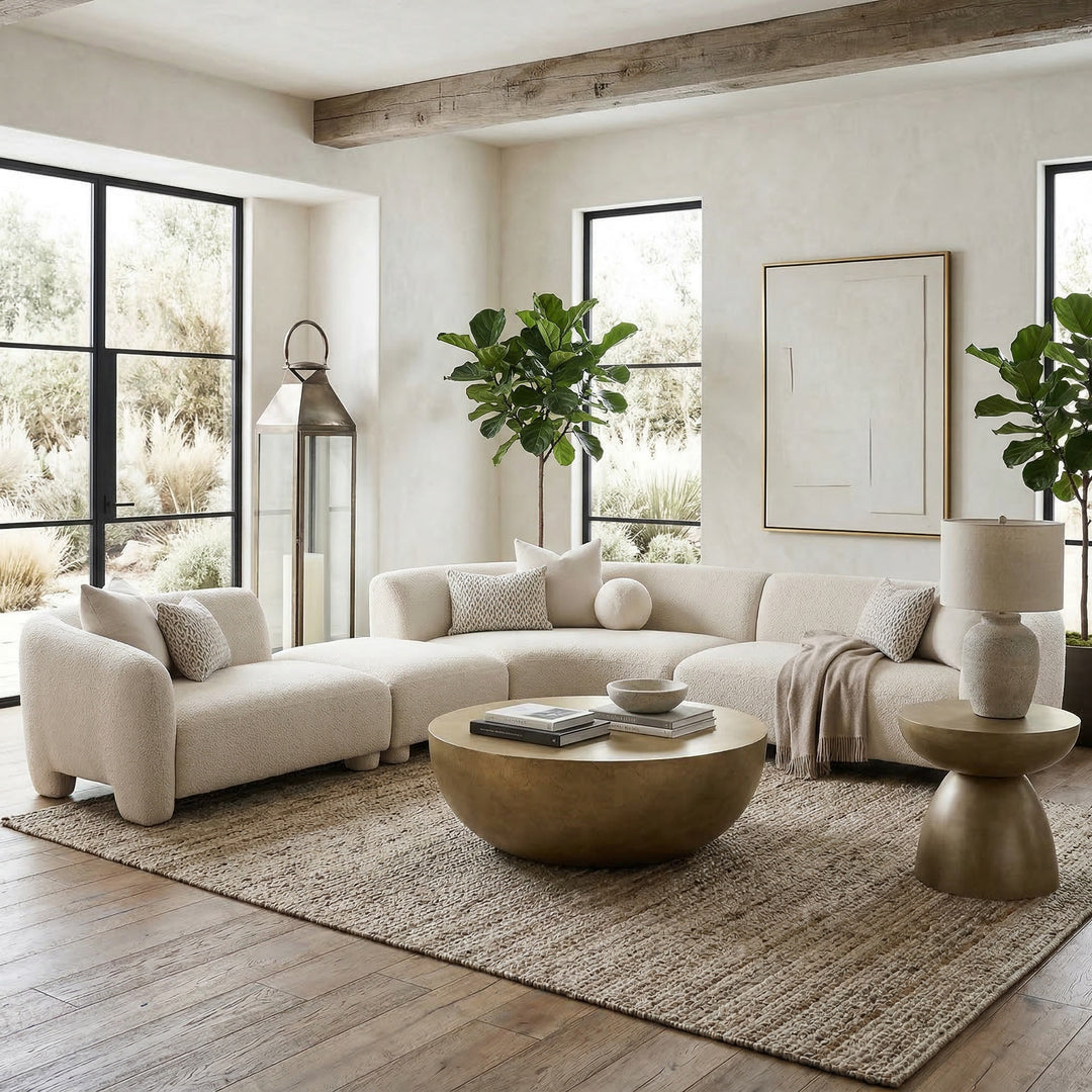 Small Katsura coffee table in a modern living room with a 3-seater sofa, featuring sleek design and wooden finish.