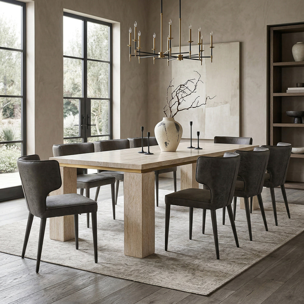 Manly 2.4m dining table with a wooden finish, shown with matching dining chairs, ideal for family meals and gatherings.