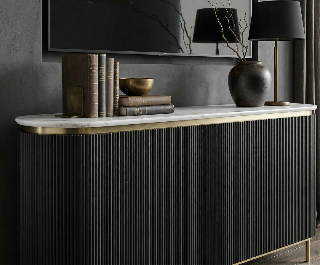 Siciliano sideboard buffet in a modern dining room with wooden finish and sleek design, featuring multiple storage compartments.