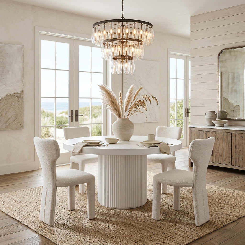 Beige Cecilia dining chair with sleek design, shown near a round white dining table, ideal for modern kitchen or dining room.