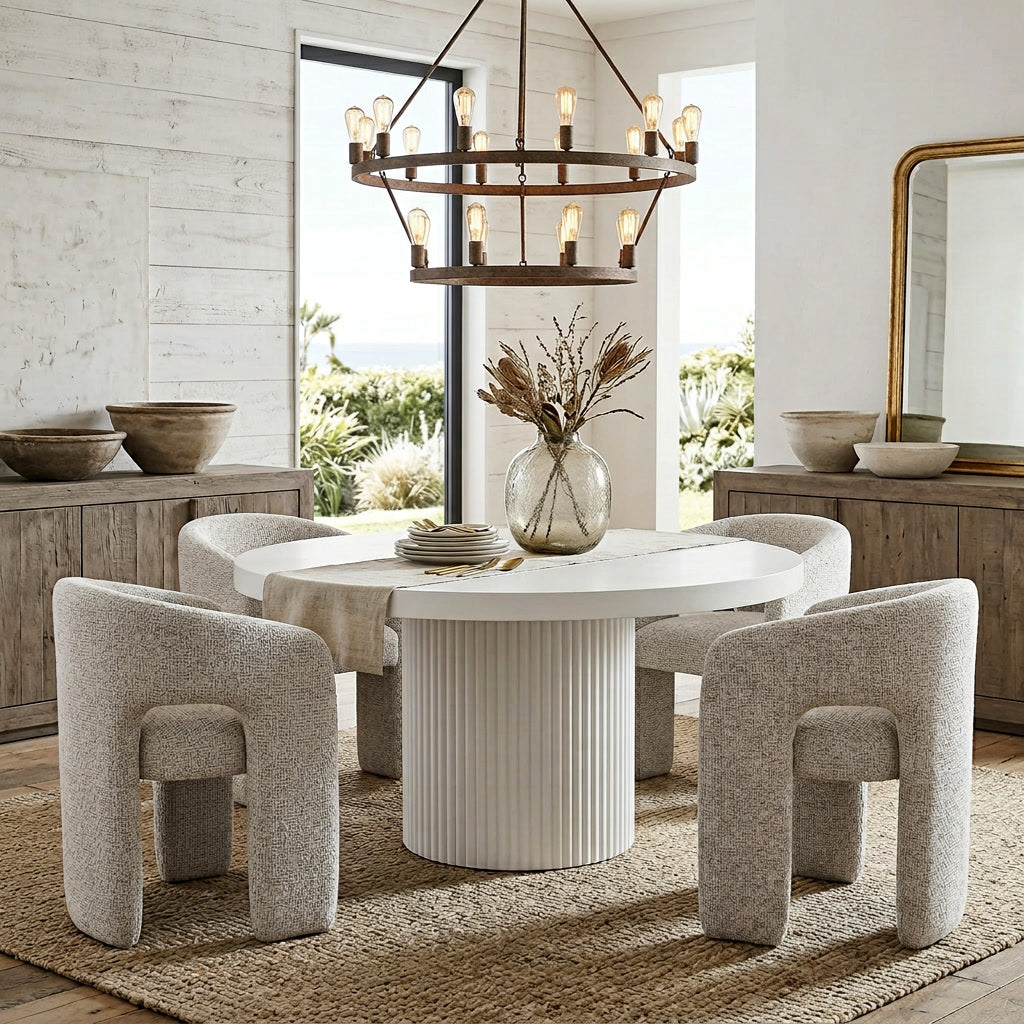 White round dining table with a black Byron dining chair featuring a modern design and cushioned seat.