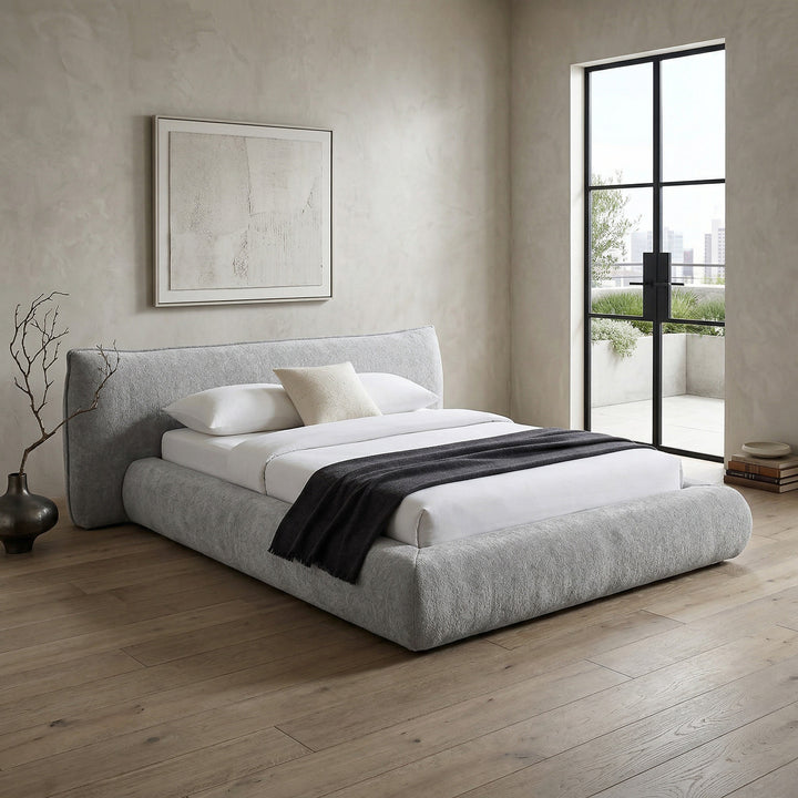 Light grey Barossa King Bed in a modern bedroom setting with stylish bedding and minimalist decor.