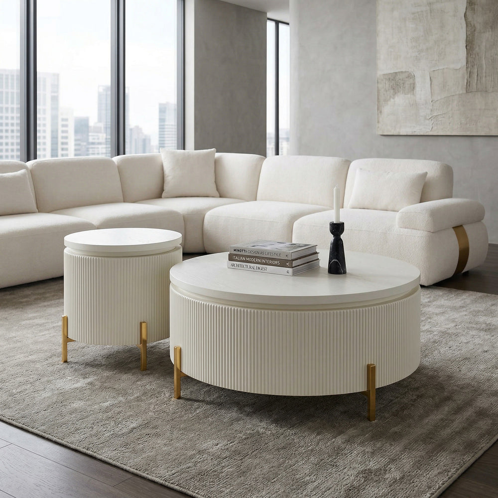 Modern Bortoli coffee table in a living room setting with a wood finish and sleek design, part of a matching coffee table set.