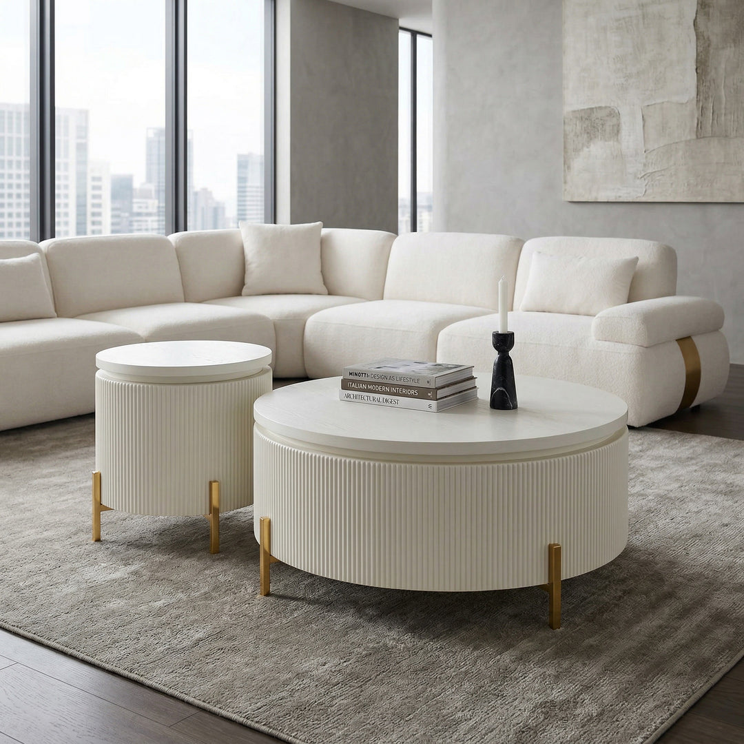 Modern Bortoli coffee table with a smooth wooden surface, placed in a contemporary living room setting.