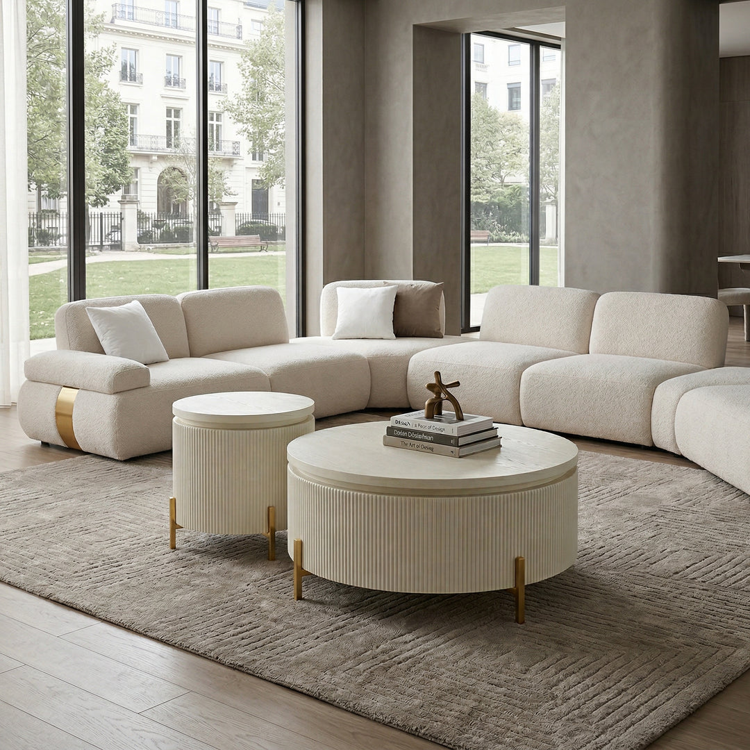 Side table from Bortoli, featuring a sleek, modern design with a smooth surface and minimalist style, placed in a contemporary living room.