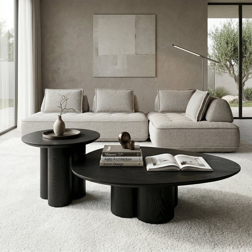 Large black oak finish Cetiri coffee table with a sleek, modern design, featuring a spacious tabletop and minimalist style.