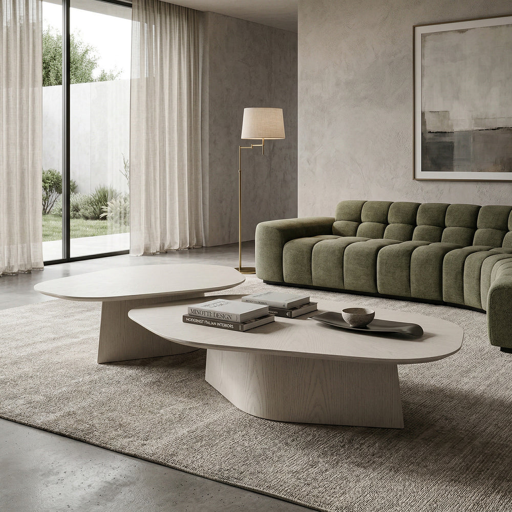 Large Ibiza coffee table in white oak finish, featuring a modern low design, part of a stylish coffee table set.