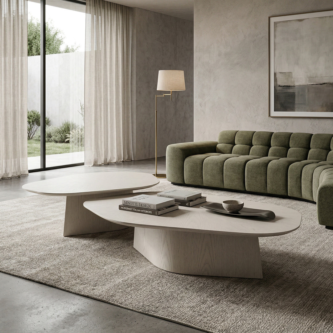 Large Ibiza coffee table in white oak finish with a low profile, featuring a sleek modern design and smooth surface.