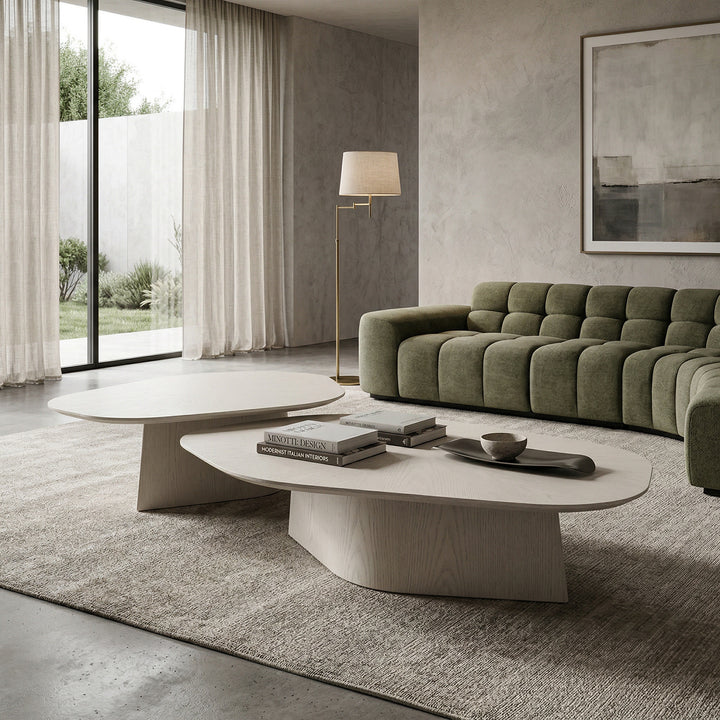Large Ibiza coffee table in white oak finish with a low profile, featuring a sleek modern design and smooth surface.