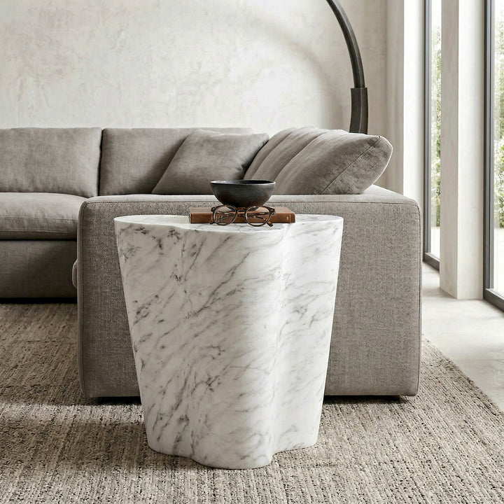 Marble-finish Wayva side table with sleek design, ideal for living room decor and contemporary interior styles.