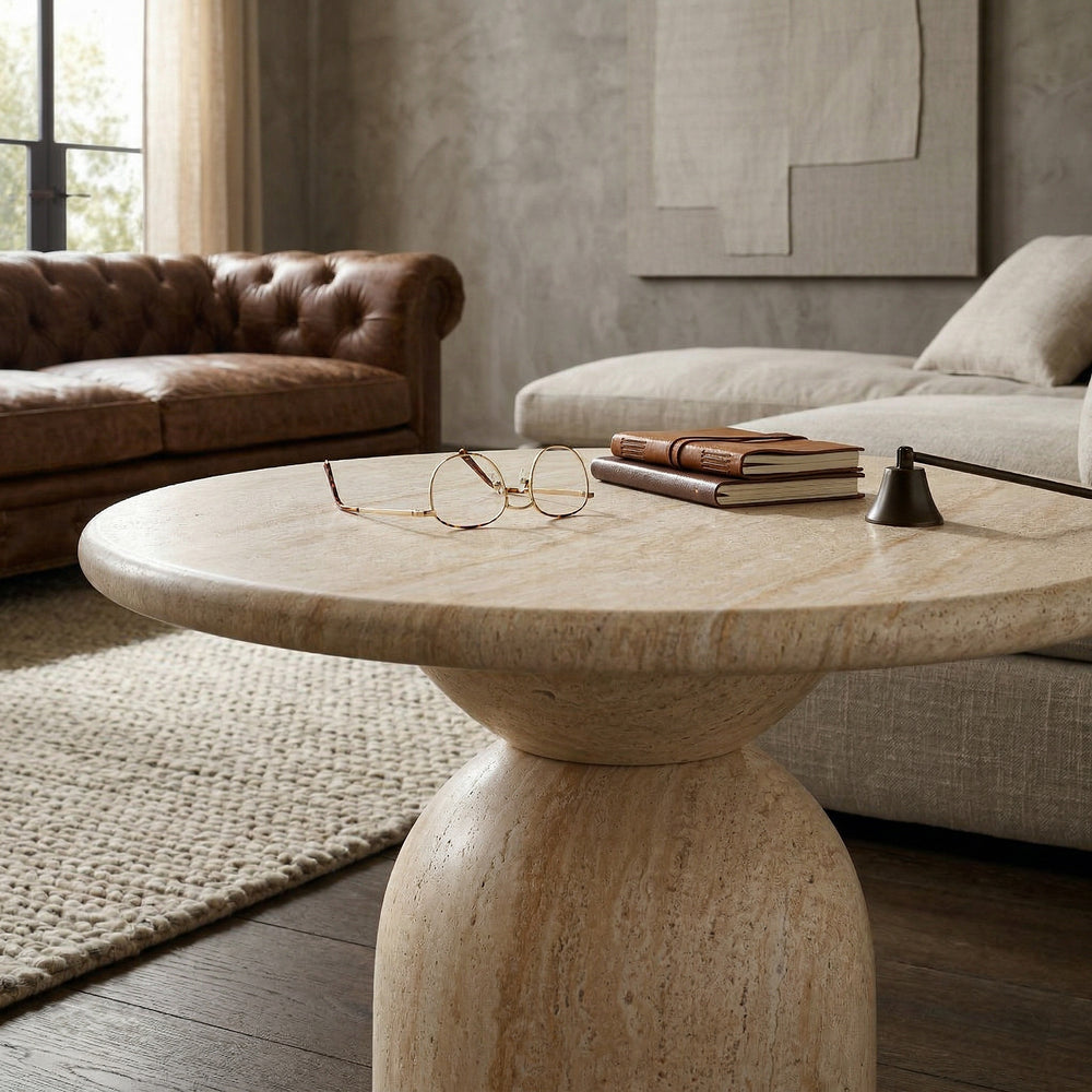 Modern Synthia Side Table in a living room setting with a sleek design and neutral finish, perfect for stylish interior decor.