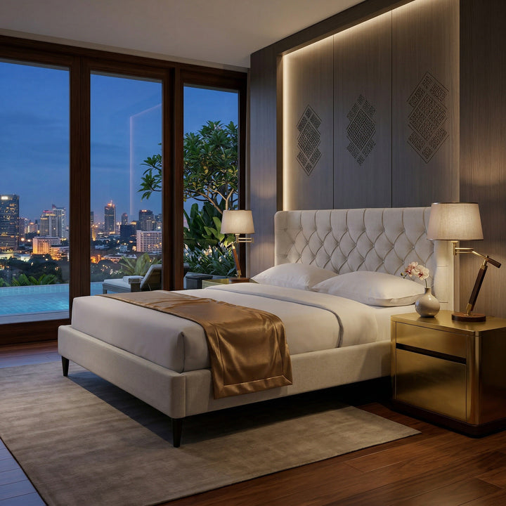 Beige Paris Queen Bed in a modern bedroom with stylish bedding and wooden accents, showcasing a spacious king-size bed design.