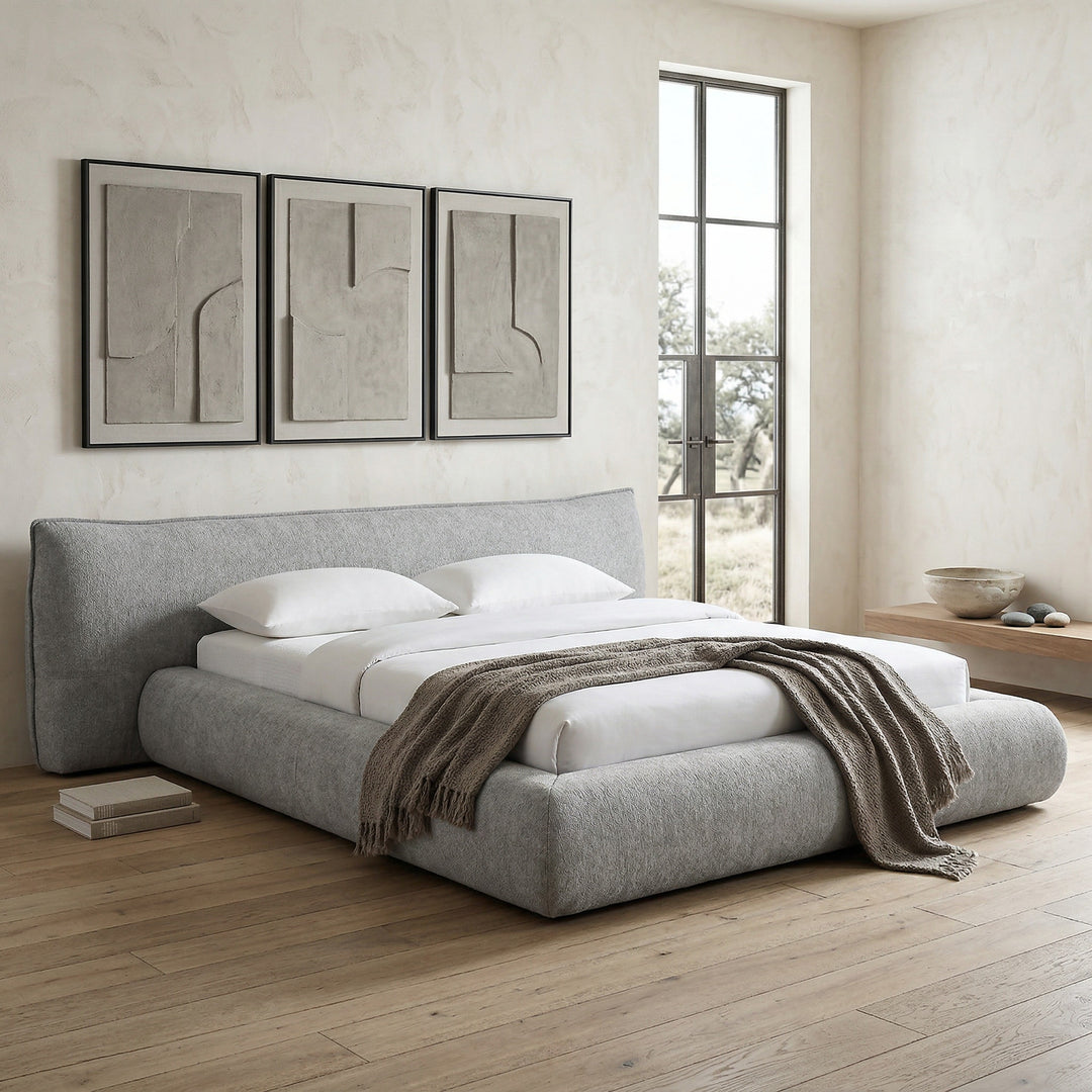 Light grey Barossa Queen Bed in a stylish bedroom setting, showcasing the upholstered fabric and comfortable design.