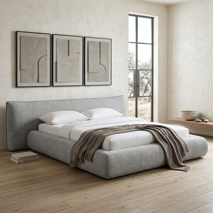 Light grey Barossa Queen Bed in a stylish bedroom setting, showcasing the upholstered fabric and comfortable design.